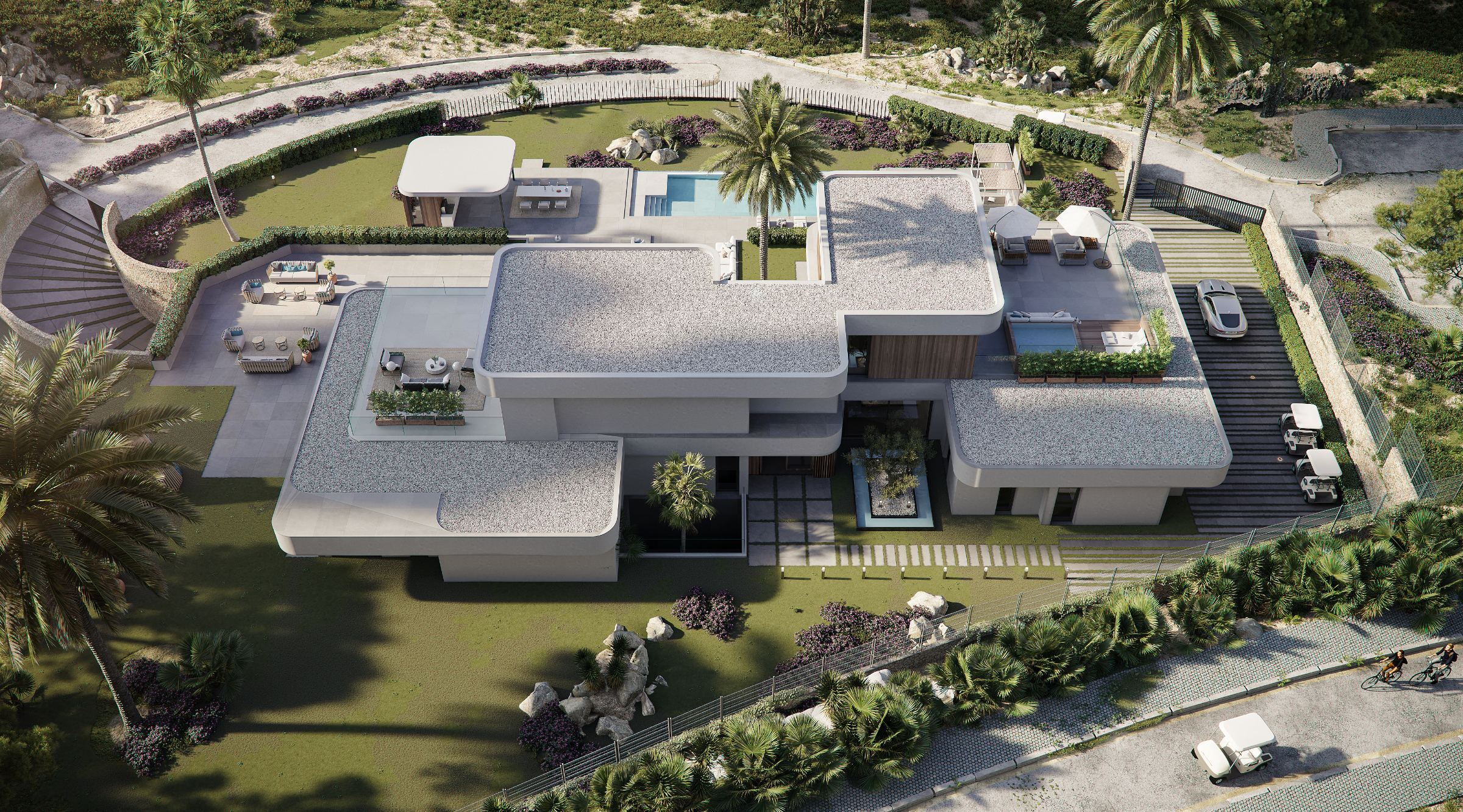 Illustrasjon av en skreddersydd villa på Las Colinas sett ovenfra, med flate tak, terrasser og privat basseng