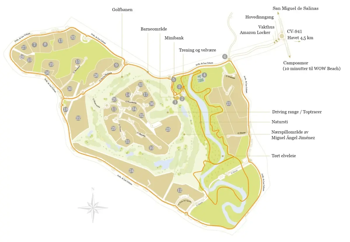 Masterplanen for Las Colinas Golf & Country Club, med golfbanen, klubbhuset og fasilitetene, naturstien langs elveleiet og de 30 boligområdene nummerert